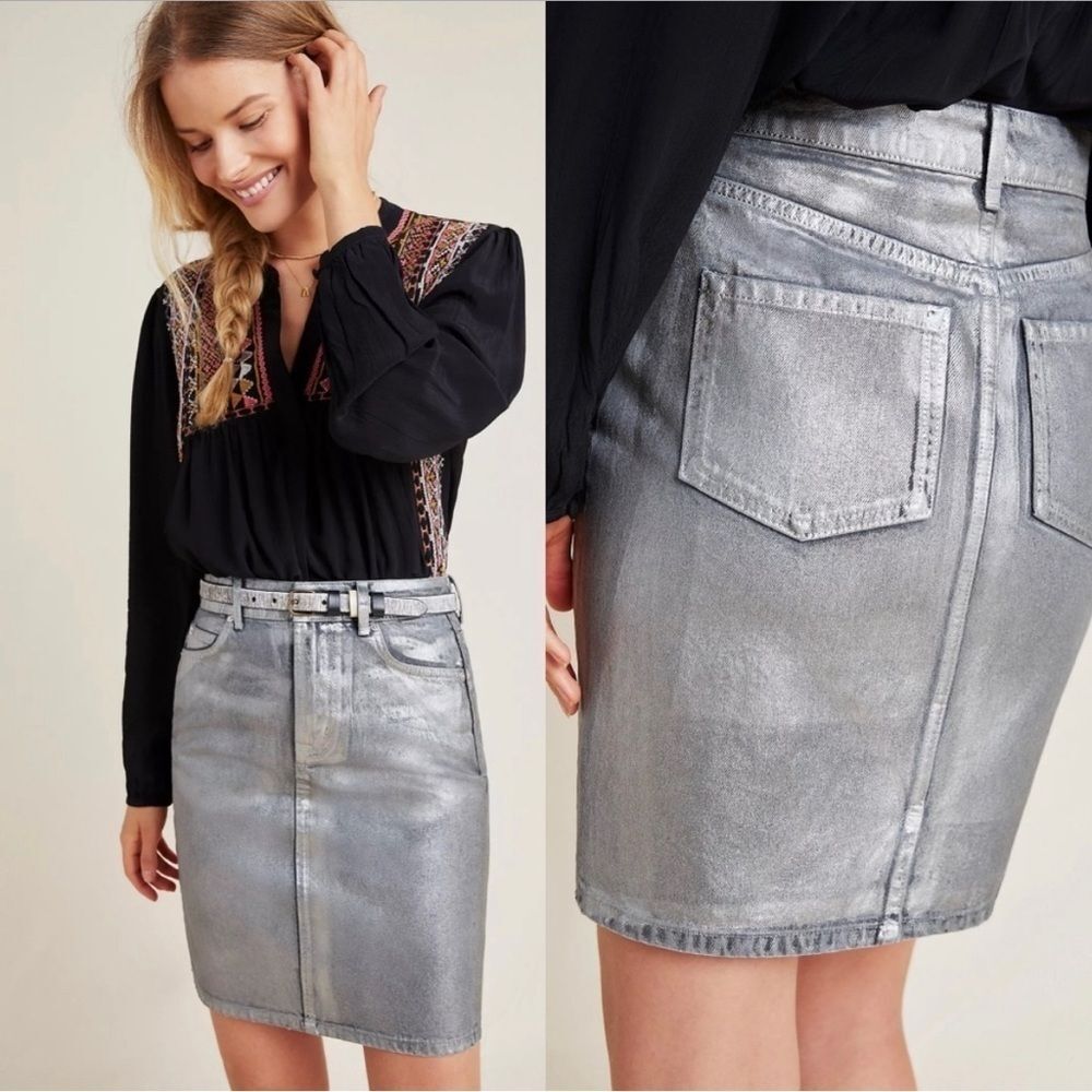 Pilcro and the Letterpress Silver Metallic Denim Mini Skirt Size 6